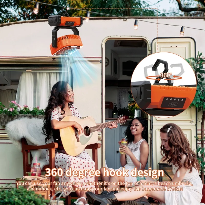 مروحة تخييم محمولة مع ضوء LED وخطاف - مروحة خارجية مناسبة لموقع بناء انقطاع التيار الكهربائي للسفر في السيارة #4