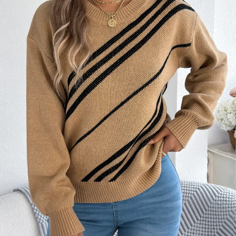 

Pullover Tops Women's Twill Texture Sweater Color Block Round Neck Long Sleeve Cabin Core Knit Winter Vacation