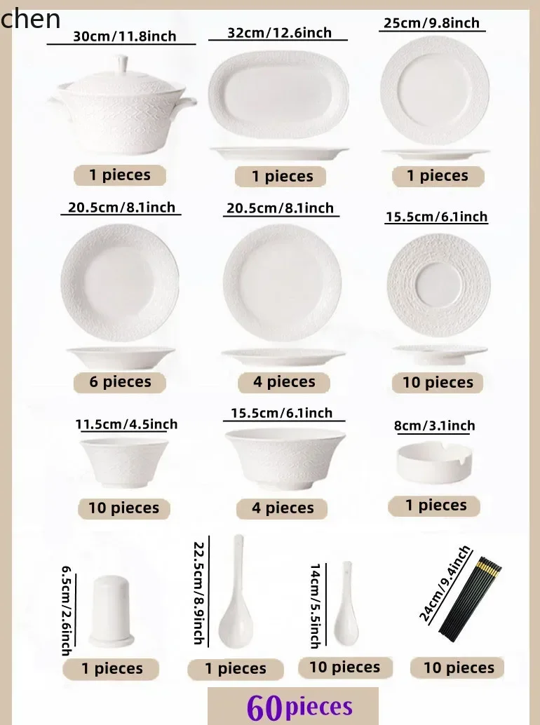 HT 60-piece white bone china tableware set, high-end dinnerware set with plates, spoons, and chopsticks 6