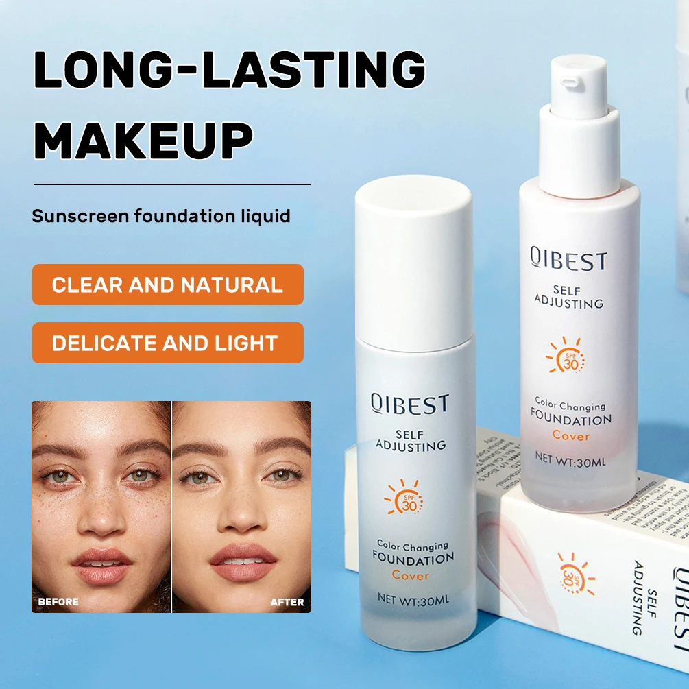 QIBEST カラーチェンジングファンデーション モイスチャライジング SPF 30+ ハイドレーティング ロングウェアリング ウォータープルーフ トラベルカバレッジ メイクアップベース コンシーラー