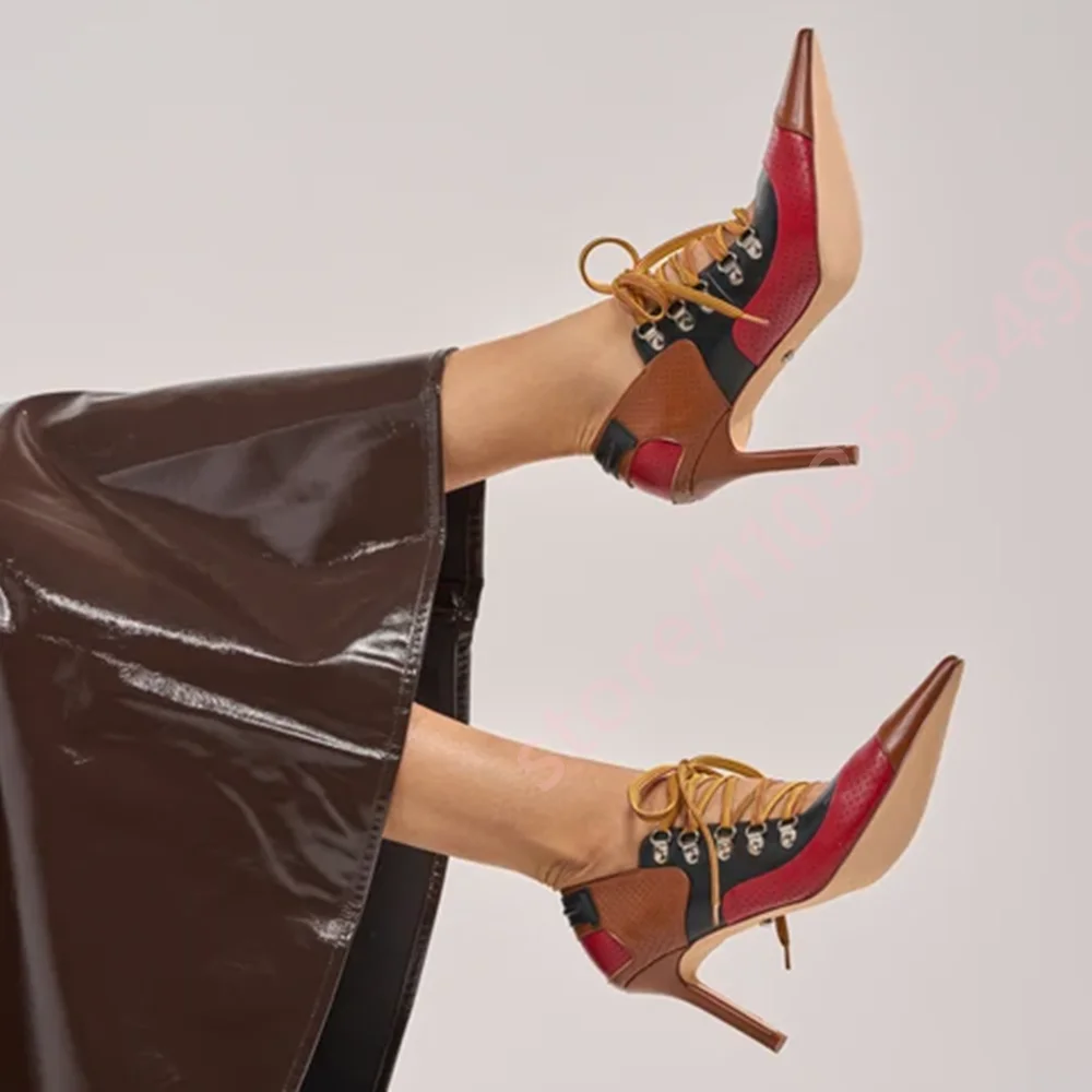 Women Color Block Pointed Toe Pumps Stiletto Perforated Patchwork Lace‑Up Metal Eyelet Retro Fashion Evening Party Dress Shoes