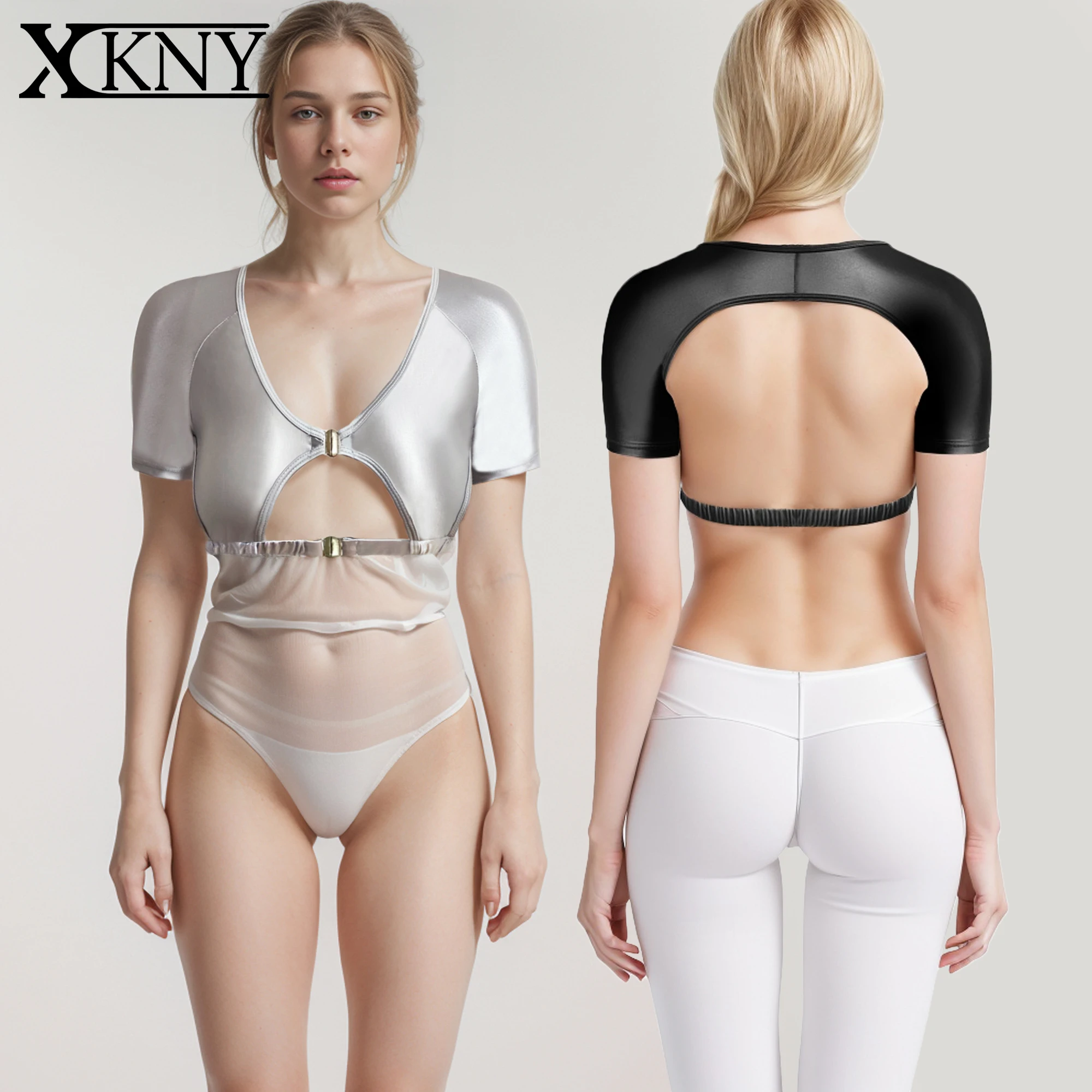 

XCKNY satin glossy top sexy short sleeve top Sports Glossy Silk Skinny Yoga swim Expose the navel Thin backless short Sleeve Top