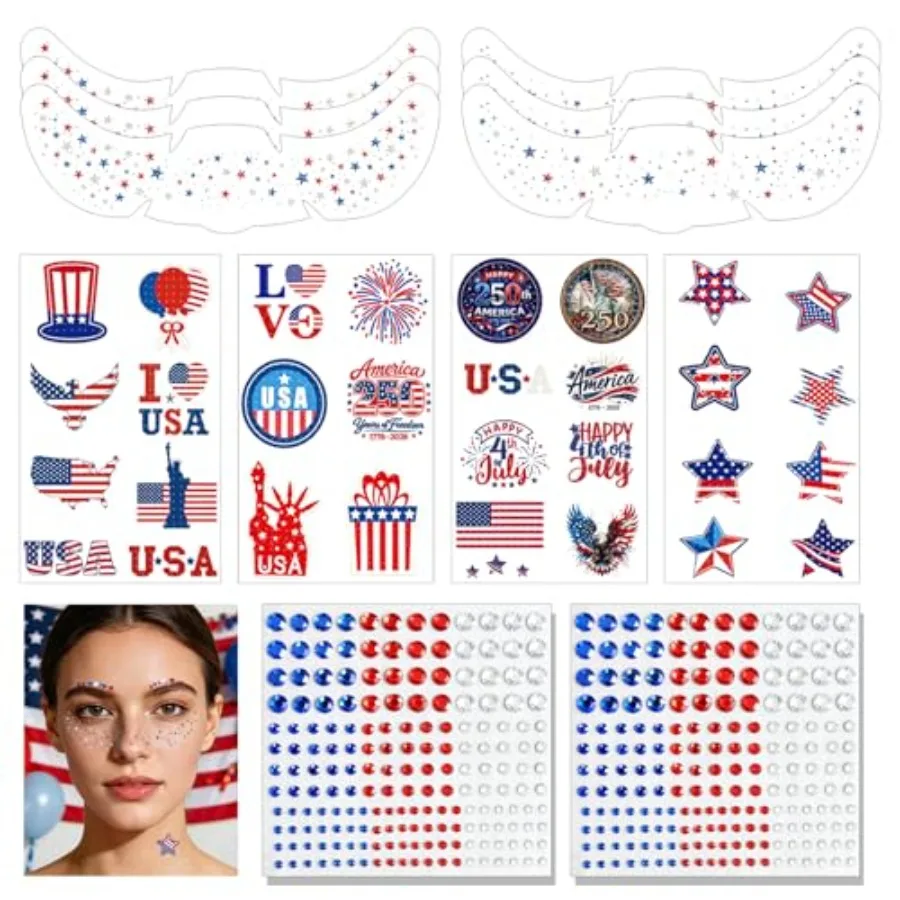 

4th of July Freckles Red White and Blue Face Gems Jewels Fourth of July Tattoos Temporary for Patriotic Face Stickers Women for