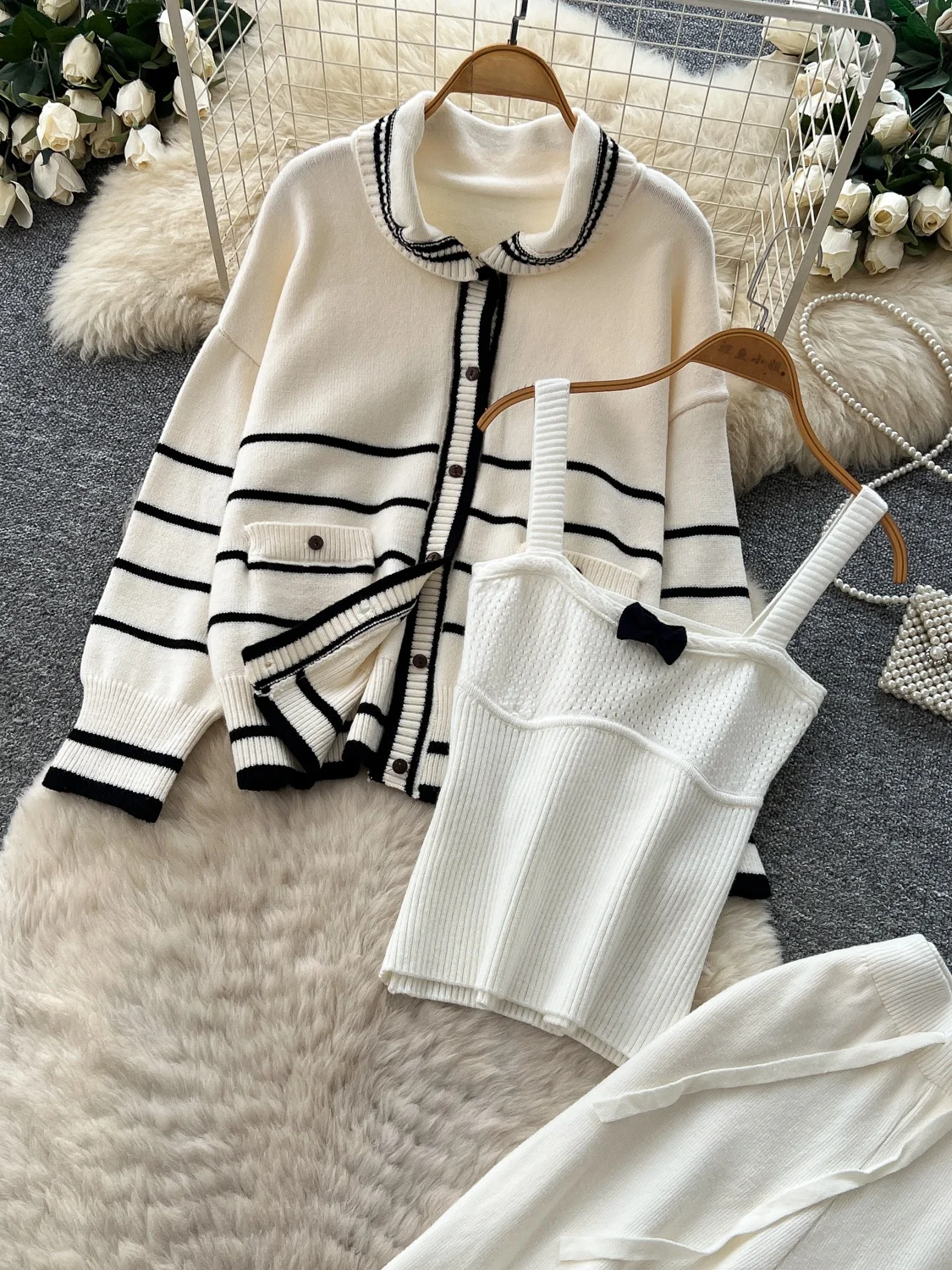 Lazy Loose Knitted Stripe Set Women's Autumn Color Block High Waist Slimming Fashionable Three-Piece Suit Casual Workwear