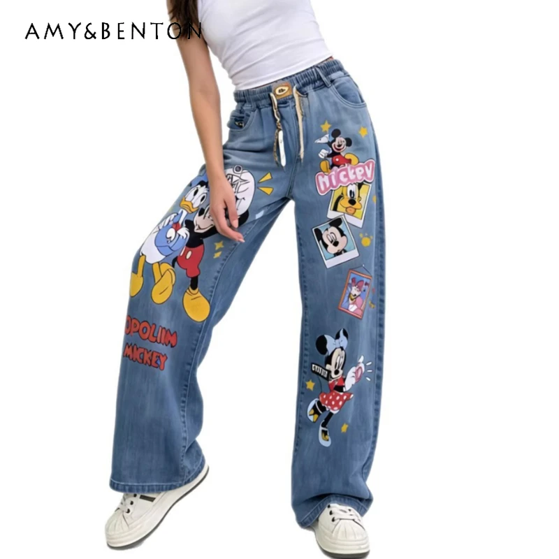 

Women's Elastic Waist Straight-leg Jeans New Summer High-waisted Cartoon Print Slimming Loose Casual Y2k Denim Pants For Ladies