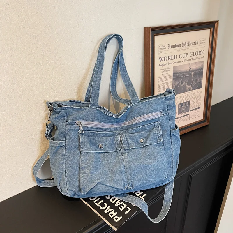 

Винтажные женские джинсовые сумки на плечо в стиле Харадзюку, большая вместительная женская сумка через плечо с несколькими карманами, повседневная текстурированная сумка-тоут