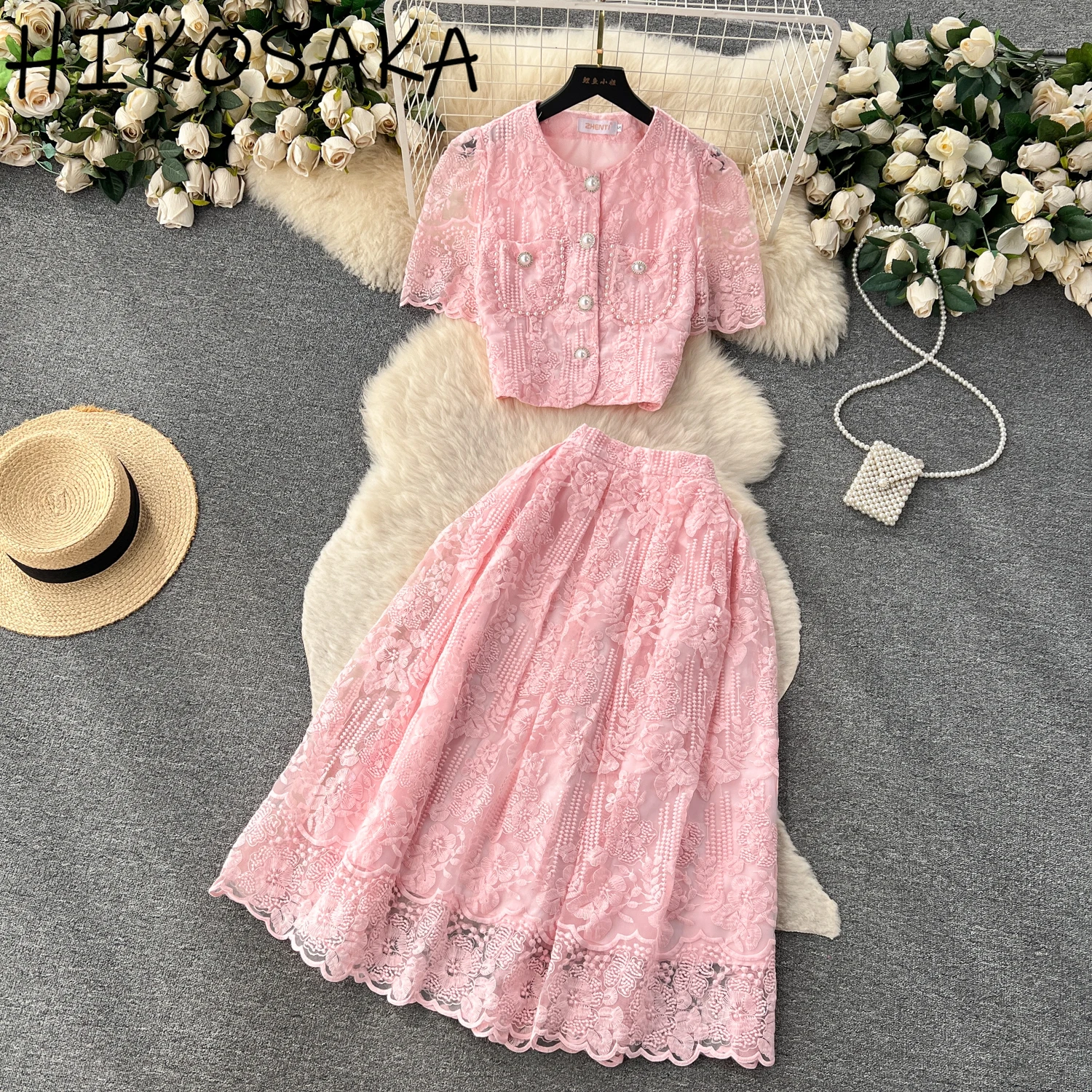 

French Style Elegant Dress Sets O-neck Short Sleeve Single Breasted Blouse High Waist Skirts Lace Hook Flowers Women Suit