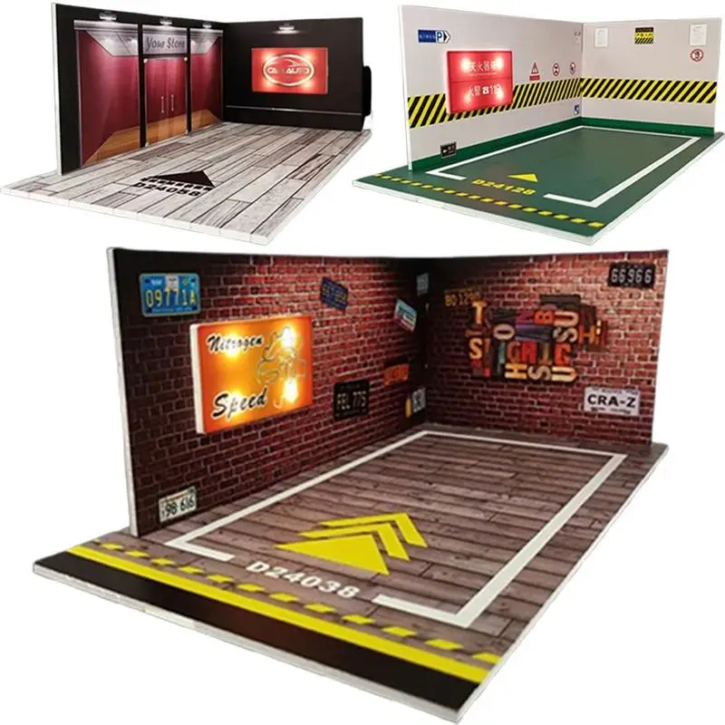 Modelo de garaje de estacionamiento fundido a escala 1:24 con luz LED, modelo de coche coleccionable, decoración de escena de garaje para dormitorio y sala de estar