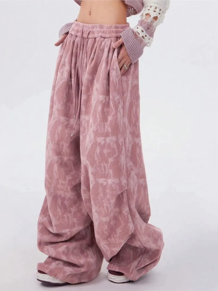 Women's Loose High-waisted Drawstring Trousers Spring And Autumn Tie-dyed Corduroy Wide-leg Pants New Casual Versatile Bottoms