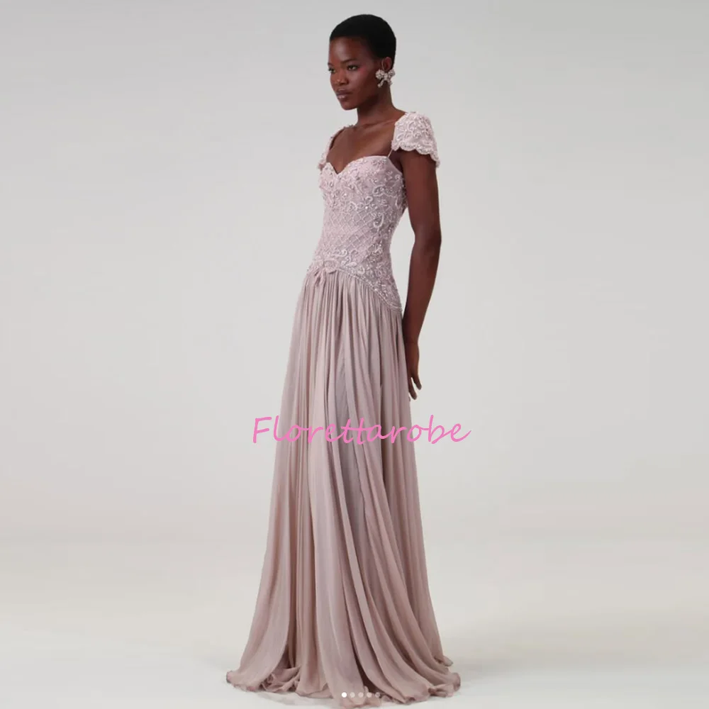 Luxury Nude Pink A-Line Cap Sleeves Beaded Evening Dress with Crystals Bow for Formal Prom Gowns Customized