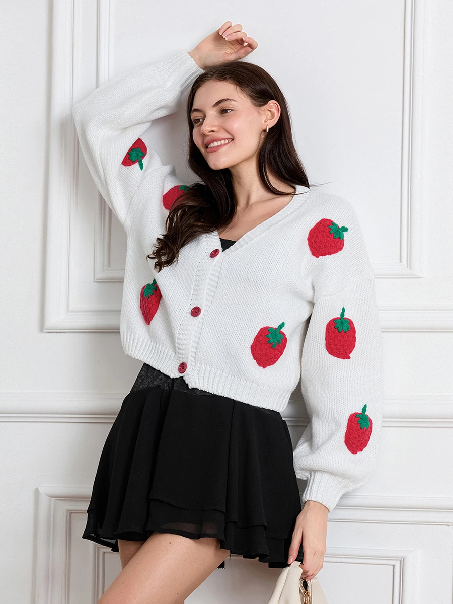 Cardigan corto lavorato a maglia con frutta aperta sul davanti a maniche lunghe da donna moda con scollo a V abbottonato maglioni lavorati a maglia