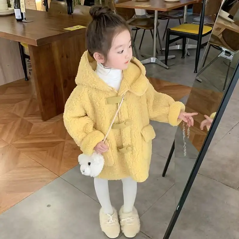 

2-7 Years Girls' Coat Autumn And Winter New Fashionable Children's Plush Thick Hooded Lamb Fleece Coat Trendy 90-140cm