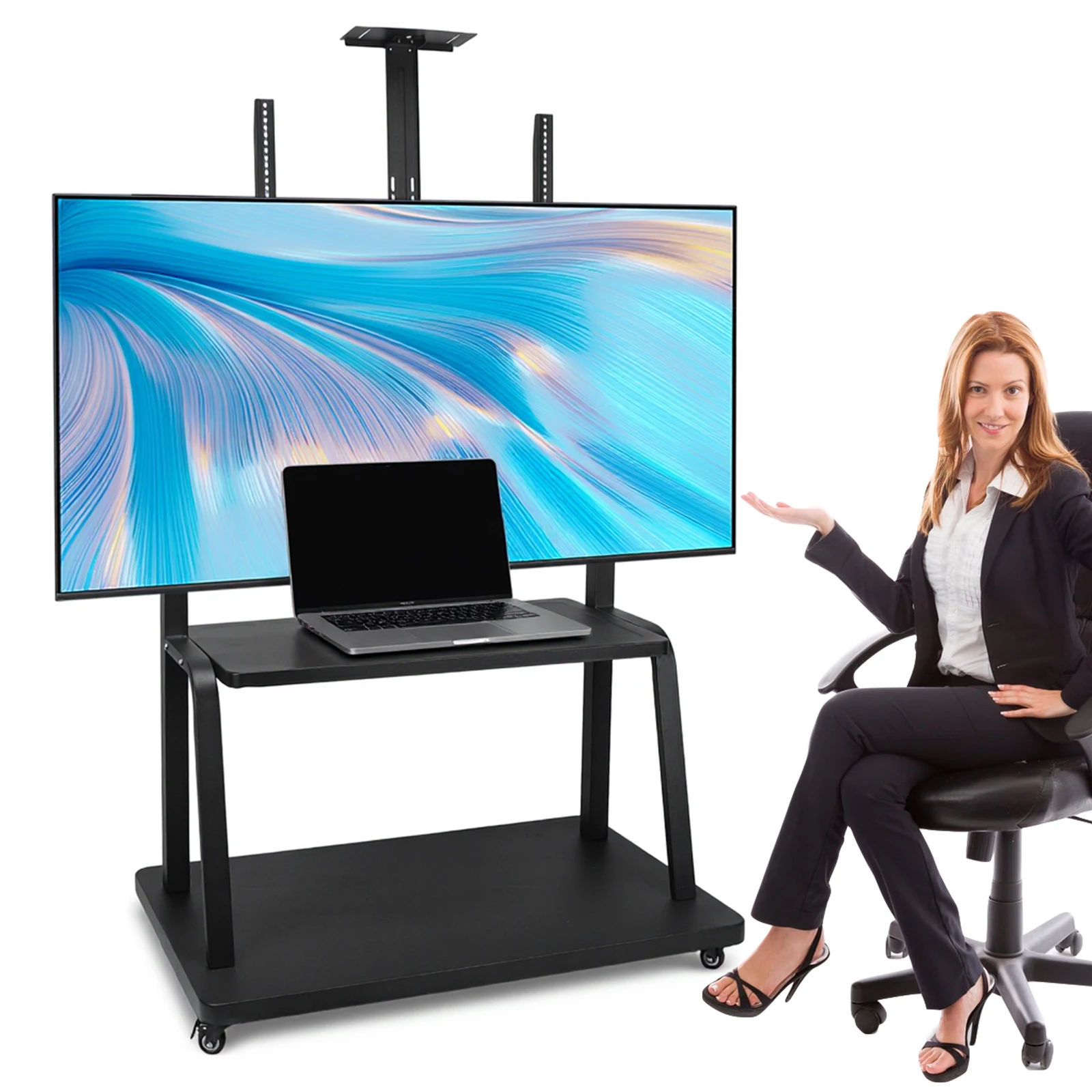 

Поворотная подставка для телевизора с колесами и полкой для ноутбука для телевизоров с диагональю экрана 50-120 дюймов, максимальная нагрузка до 660 фунтов, регулируемая по высоте.