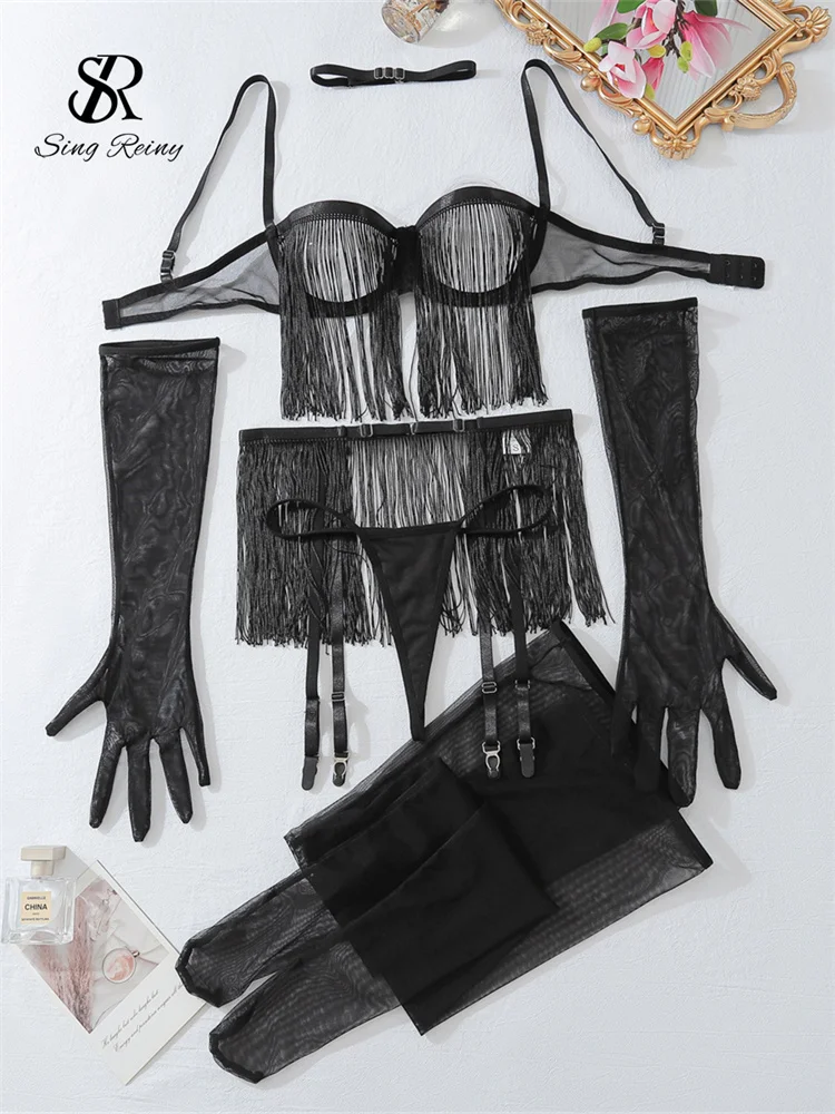

SINGREINY Tassel Hollow Out Sexy Underwear Suits Women Garter Skinny Shapewear Female Fashion Lace Sheer Lingerie 5 Pieces Sets