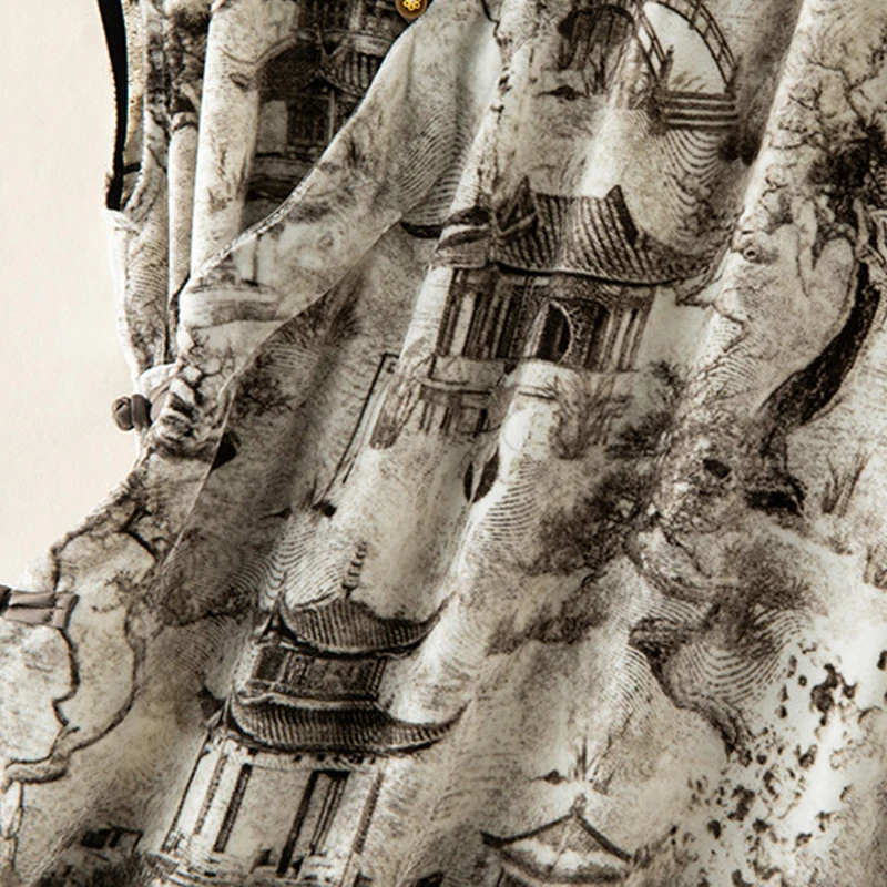 Winsleter-Bottom Elegantes Samthemd aus 100 % Seide, Damen-Stand-Kurzarm-Druck, Retro-Pendelbluse, Herbstneuheit 2025, T58237CC