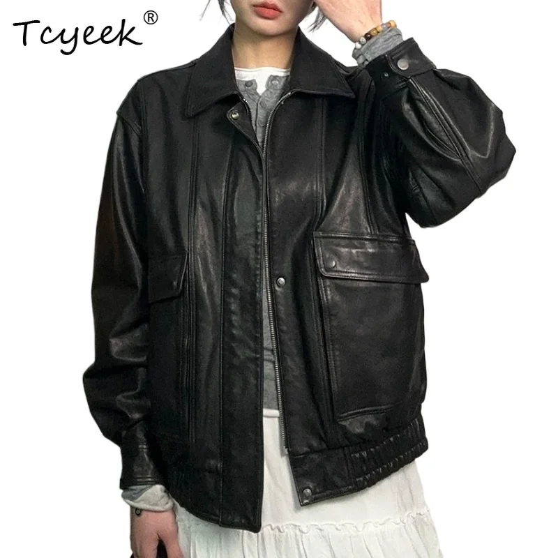 Tcyeek Real Leather Jacket Women Clothes Vintage Sheepskin Flight Bomber Coat Fashion Genuine Leather Jackets Куртка Кожаная