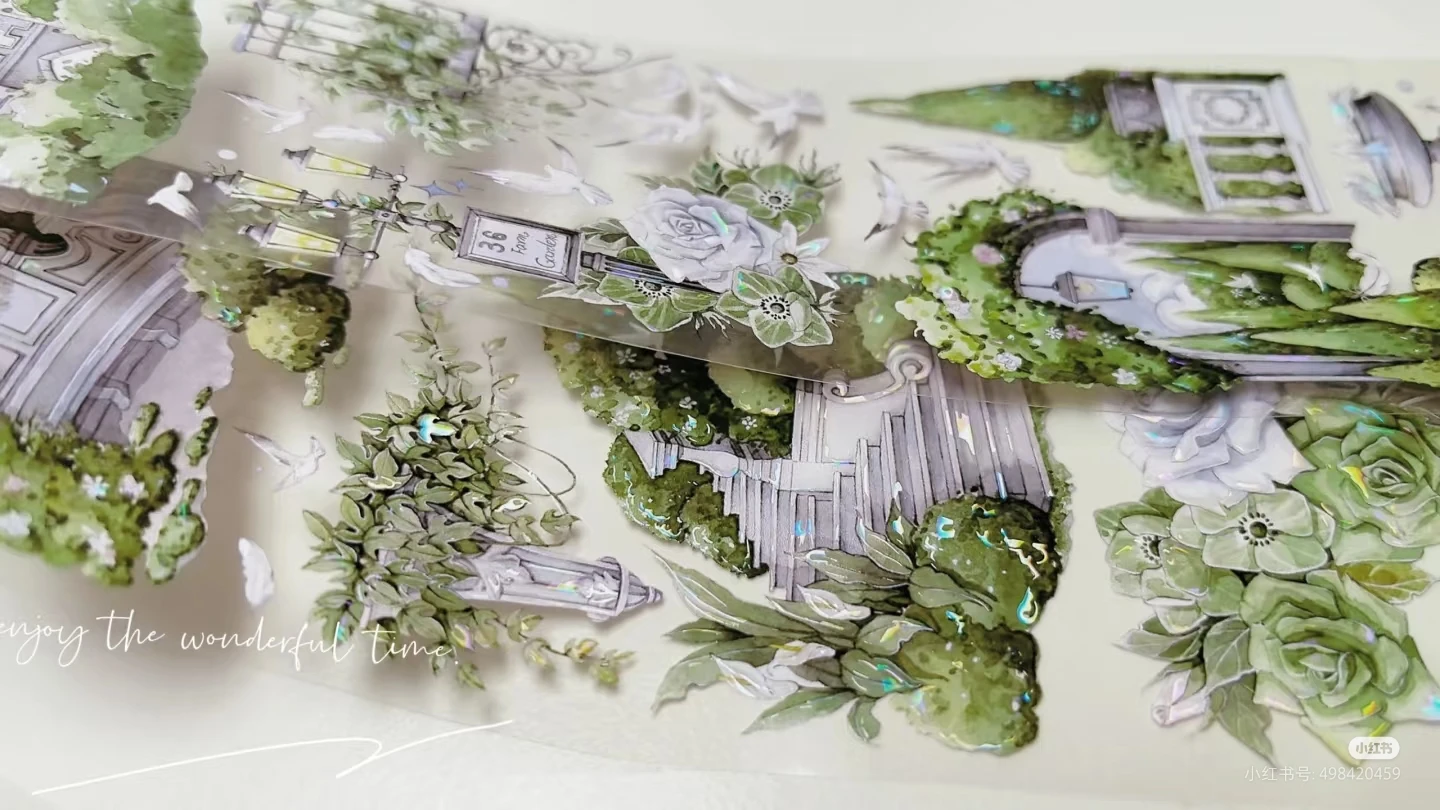 

European Castle Washi Pet Tape - Shiny "Spruce Forest Garden" , Greenery Floral Collage for Planner, Cell Phone Back Card, DIY