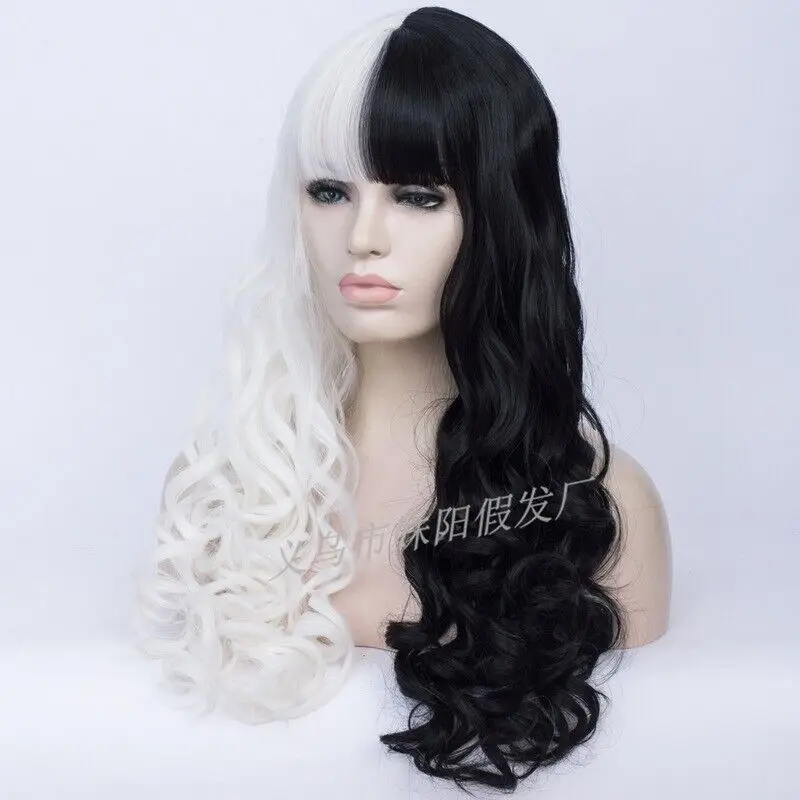 Long Wavy Curly Half White Black Two Tone Synthetic Hair Cosplay Party Wigs