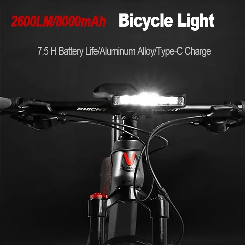 2600 Lumen Bicycle Front Light Aluminum Alloy 8000mAh Bike Flashlight USB Charging Waterproof MTB Road Cycling Lamp Accessories