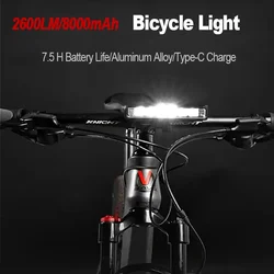 2600 Lumen Bicycle Front Light Aluminum Alloy 8000mAh Bike Flashlight USB Charging Waterproof MTB Road Cycling Lamp Accessories