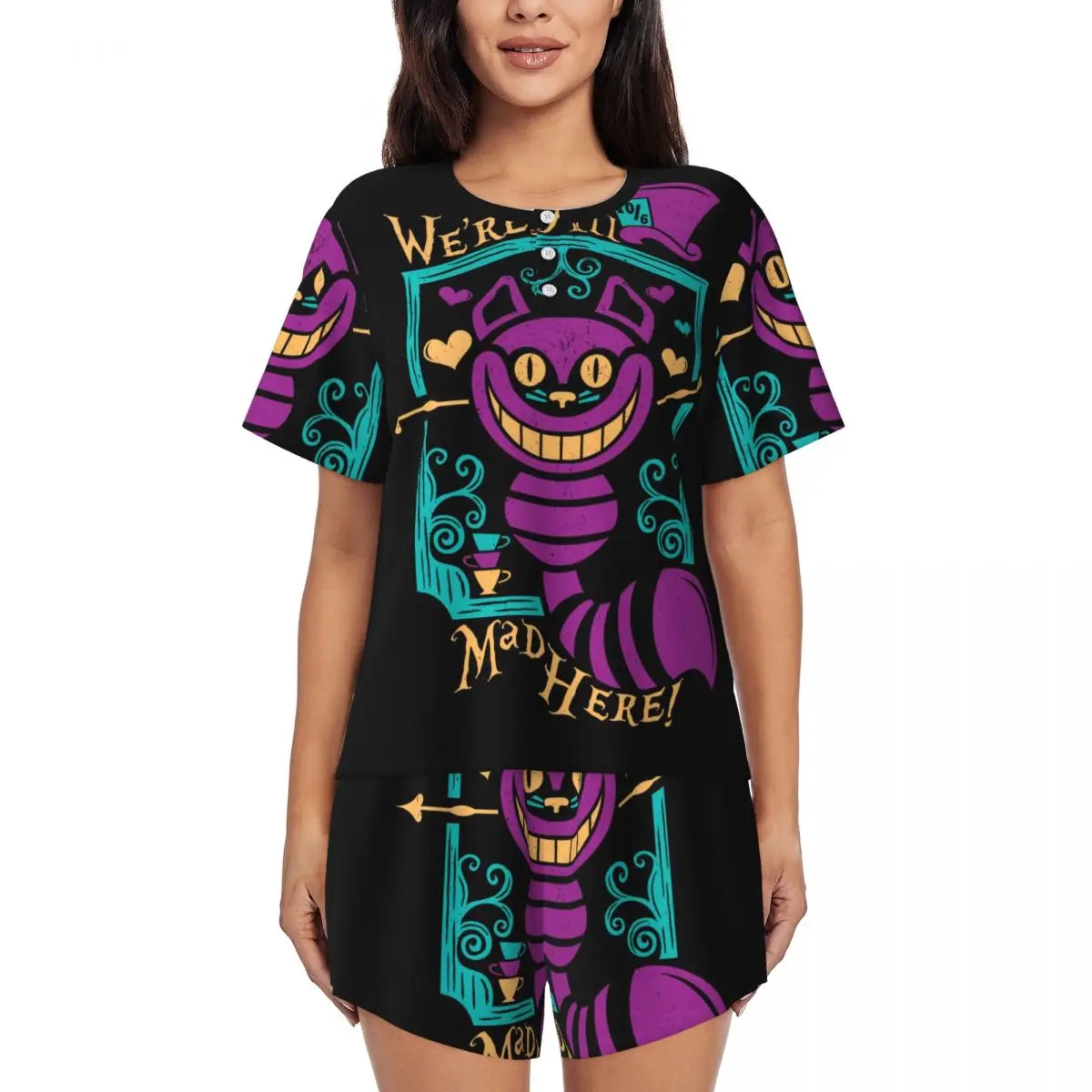 

Alice In Wonderland Cheshire Cat Pajamas Set Womens Short Sleeve Sleepwear Loungewear 2 Piece Pjs