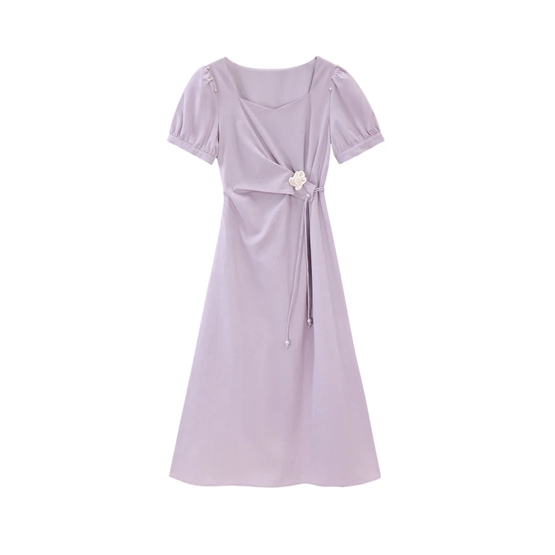 ALXNAN プラスサイズのドレスパープルエレガントなスクエアネックロングパフスリーブホリデー女性のドレスカジュアルパーティーレディース服 D11199