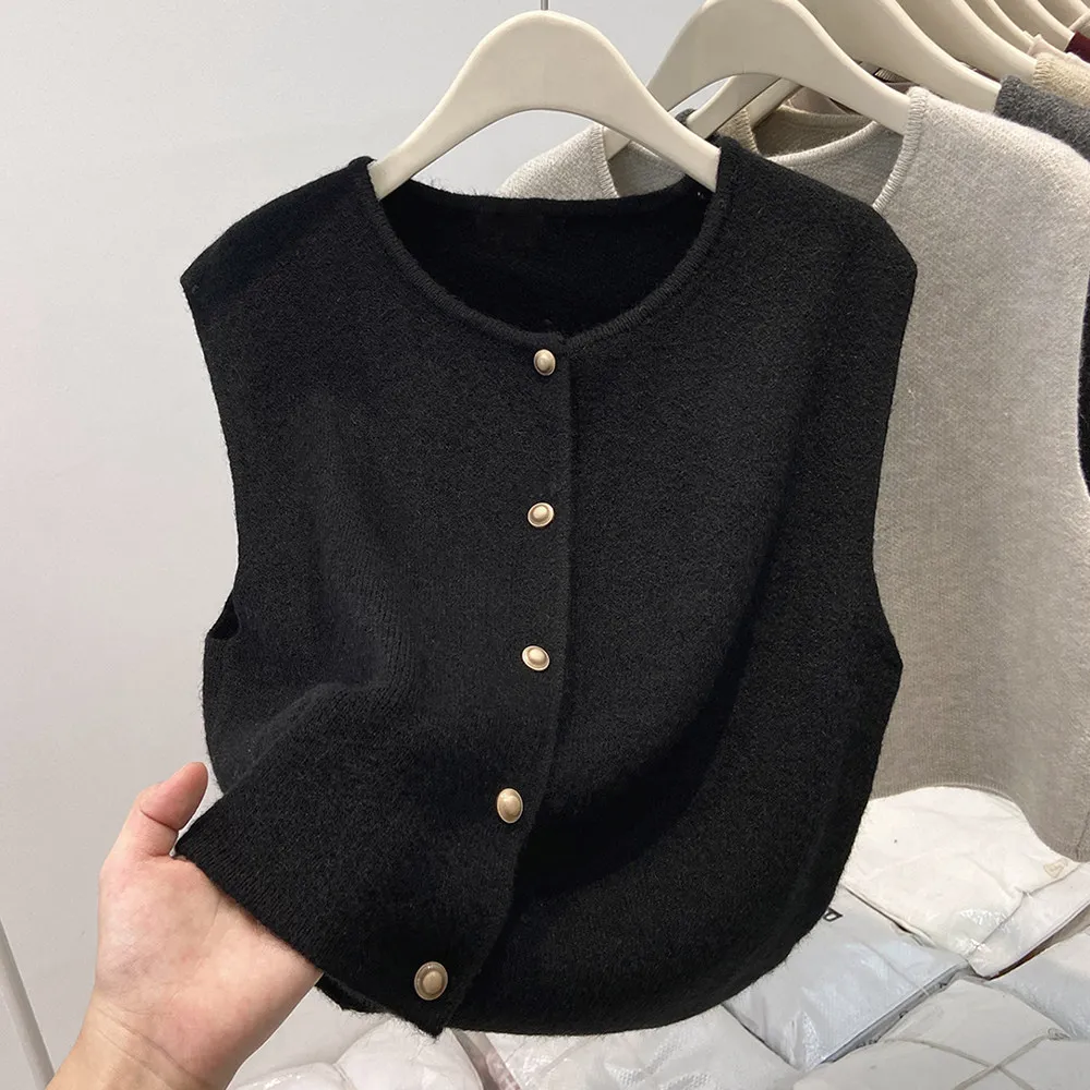 Women's Sweater Vest O Neck Gold Button Front Casual Sleeveless Cardigan Autumn Winter Knitted Waistcoat Elegant French Chic