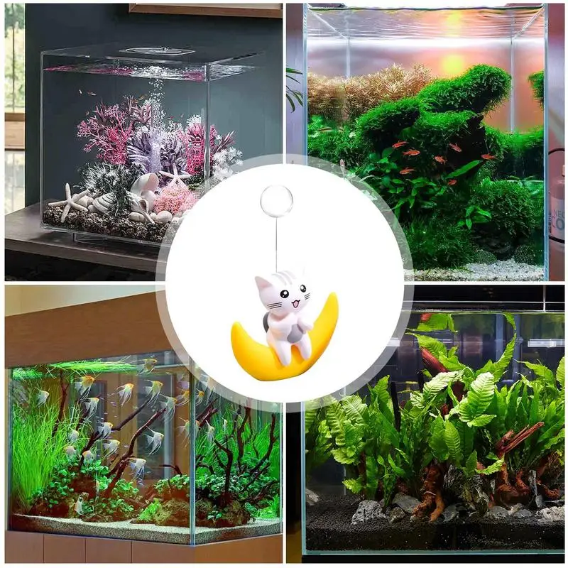 Funny Aquarium Decor Unique Floating Ball Cartoon Moon Cat Statue Figurines With 11.81in String Miniature Fish Tank Toy For Cake