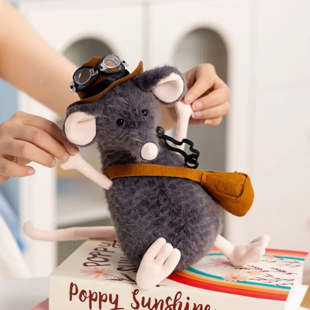 Juguete de peluche de ratón triste de algodón PP, usa sombrero, muñeco de peluche de ratón Lachlan esponjoso con bolsa, gafas, almohada de felpa de ratón suave hecha a mano