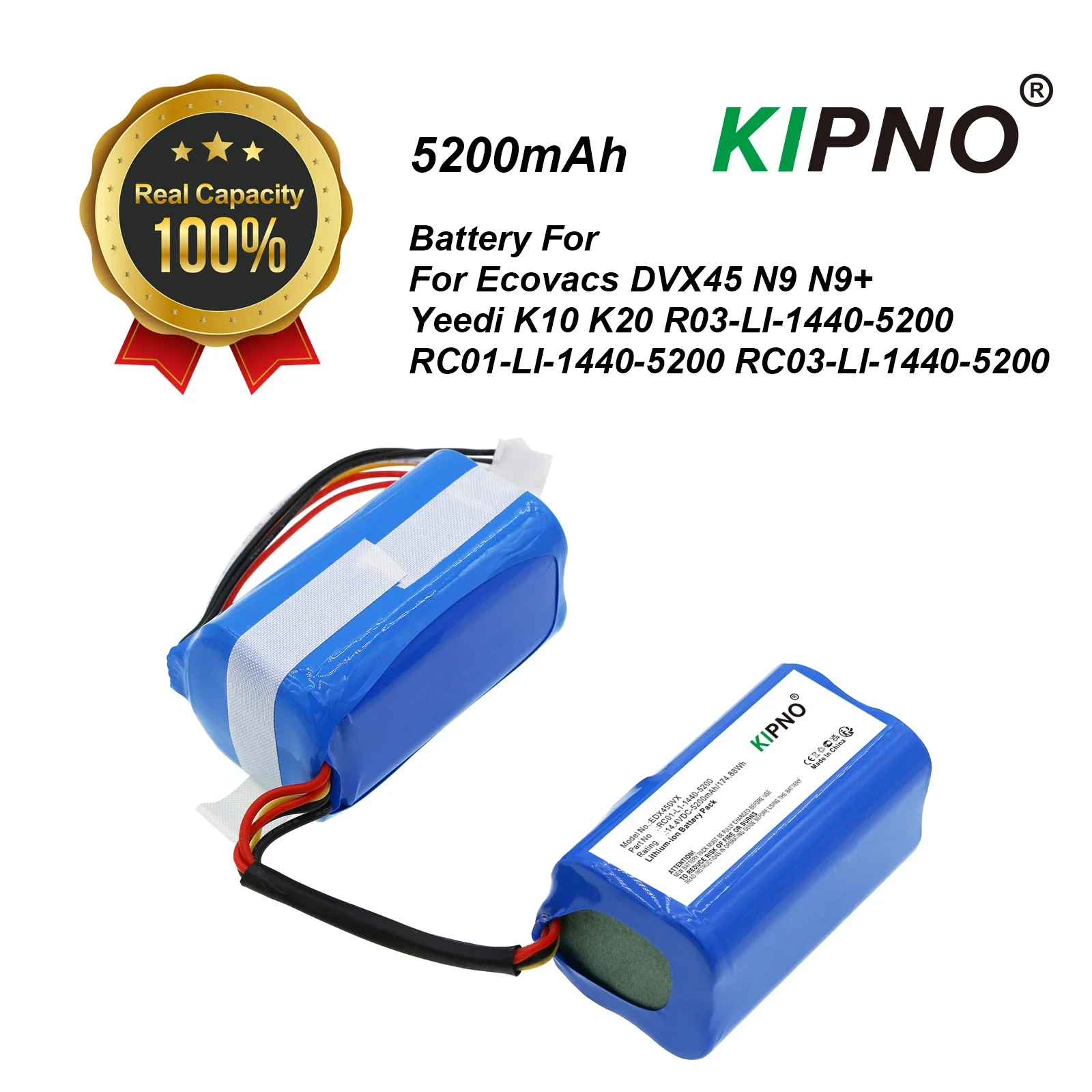 

KIPNO 14.4V Replacement Battery Compatible with Ecovacs RC01-LI-1440-5200 DVX45 N9 N9+ Series Robot Vacuum Battery 5200mAh