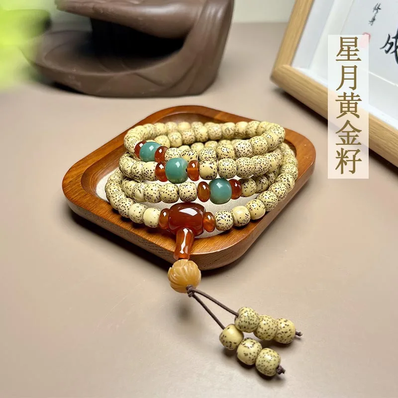 

Браслеты из 108 бусин Хайнаньского золотого семени старого бодхи Синъюэ, женские, цвета куриного масла, буддийские молитвенные четки, ожерелье на запястье, подарки