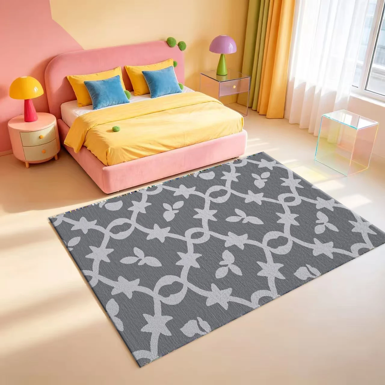 Gray Star-Shaped Vine Floral Pattern Carpet Floor Mat Simple Minimalist Home Interior Floor Carpet
