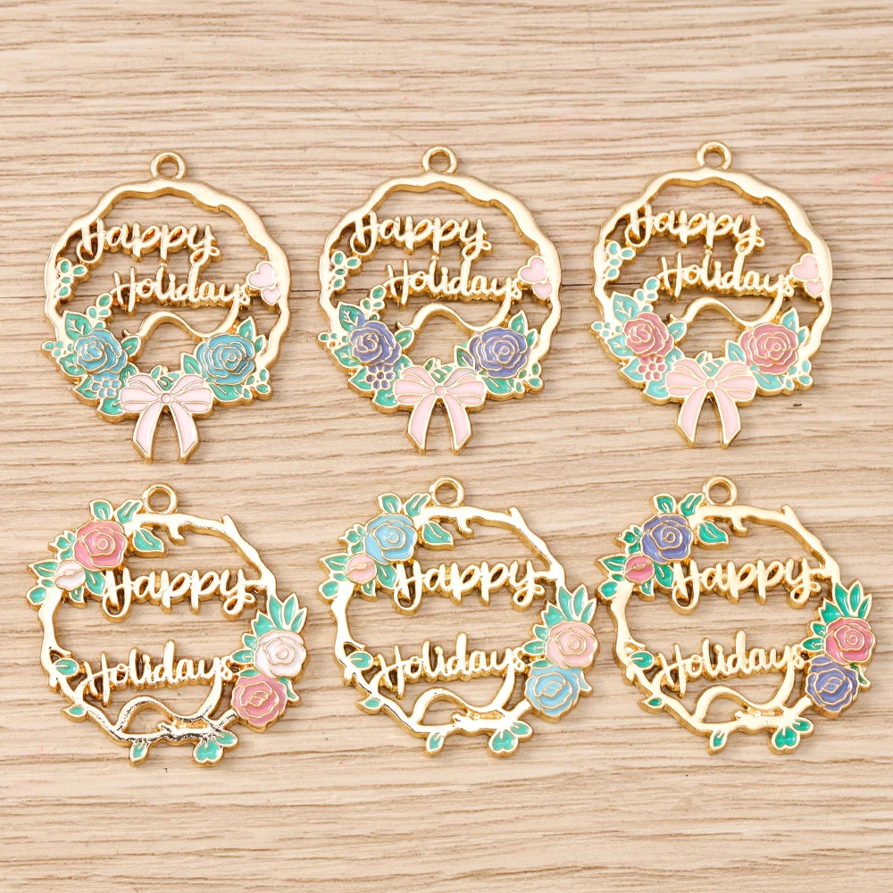 Tusember 10pcs Cute Enamel Floral Happy Holiday Charms Flower Wreath Pendants for Jewelry Making Necklaces Bracelets Craft