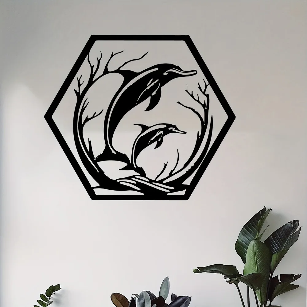Metal Dolphin Wall Art, 3D Dynamic Ocean Animal Sculpture, Rustic Home Decor for Living Room Garden Gift