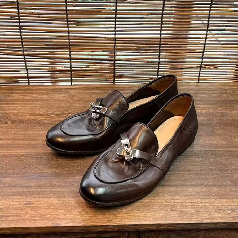 Couple Style Top Layer Washed Calfskin Loafers Low Heel Round Toe Leather Slip On Shoes For Men Women Spring Daily Footwear