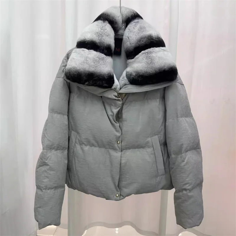Chaqueta de invierno para mujer, chaqueta de plumón con cuello de piel de conejo desmontable, abrigo grueso y cálido relleno de plumón de pato blanco 90 y2k, novedad de 2025