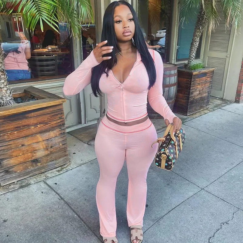 

Women Solid 2 Piece Set Tracksuits 2025 Autumn Long Sleeve Zipper Hooded Sweatshirts Top + Flare Pants Casual Jogging Suits