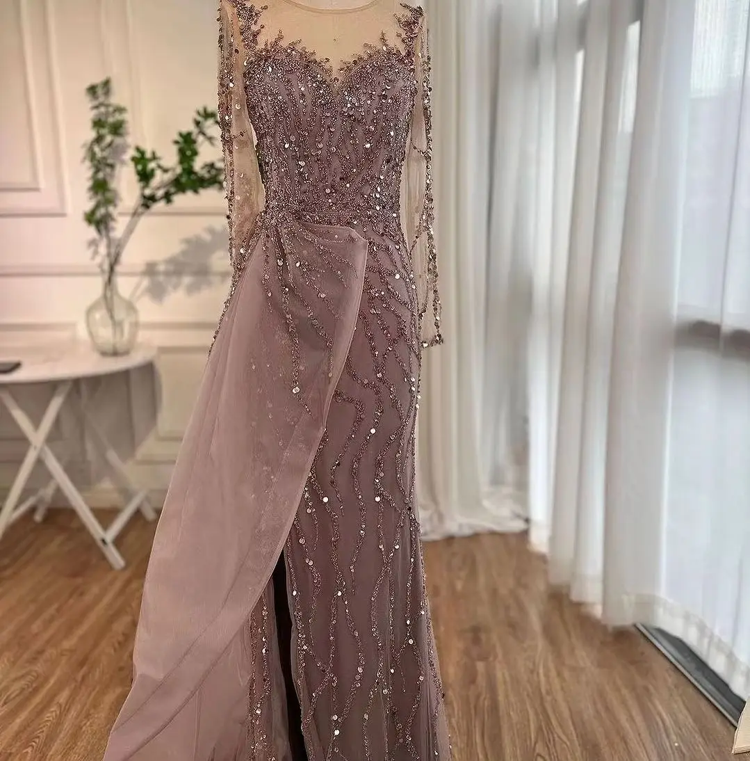 Elegant Evening Dresses Mermaid Formal Occasion Jewel Sleeves Sequined Tulle Decoration Prom Dress Vestido De Noite Customized