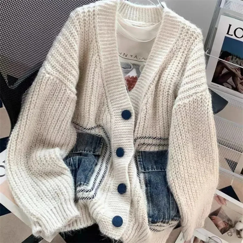 Primavera autunno allentato maglieria giacca donna nuovo maglione lavorato a maglia Cardigan cappotto 2024 femminile moda retrò Denim cuciture