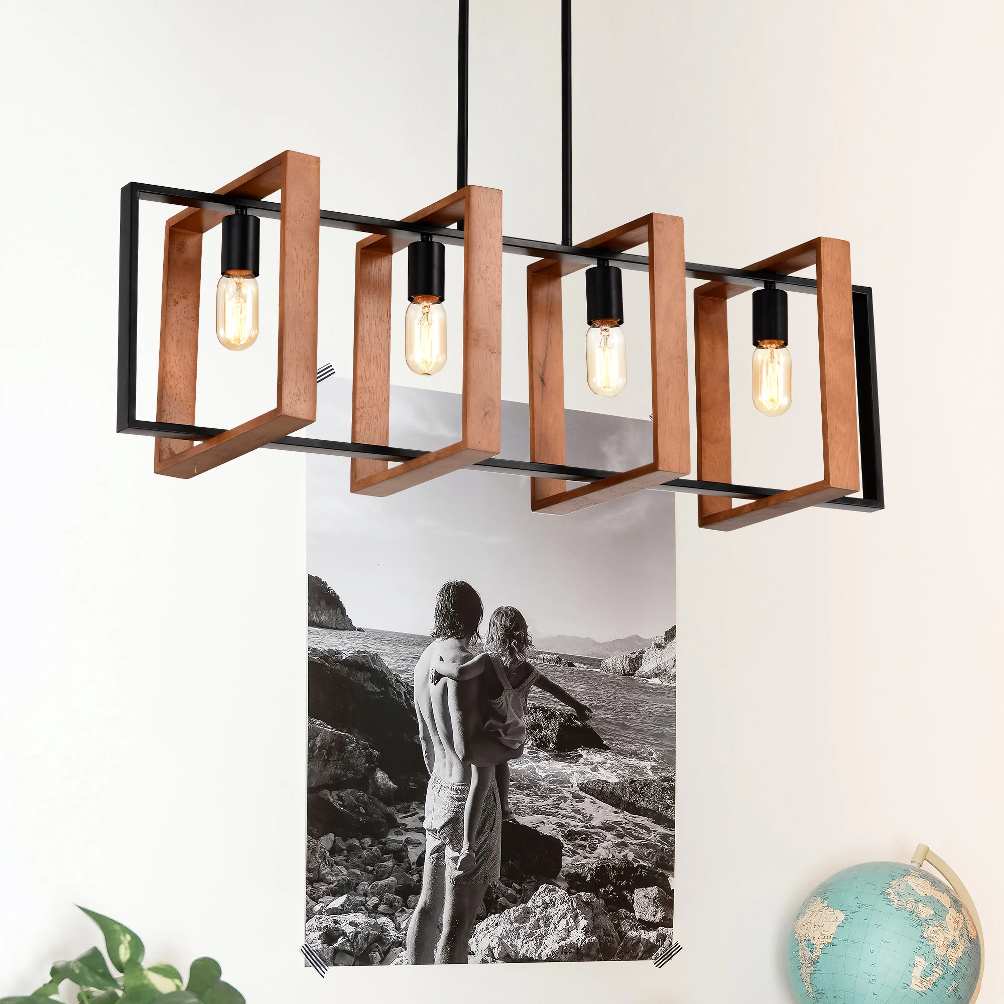 

4-Light Kitchen Island Lights Pendant Light Farmhouse Dining Room Light Fixture, Rustic Wood and Black Metal Rectangular Chandel