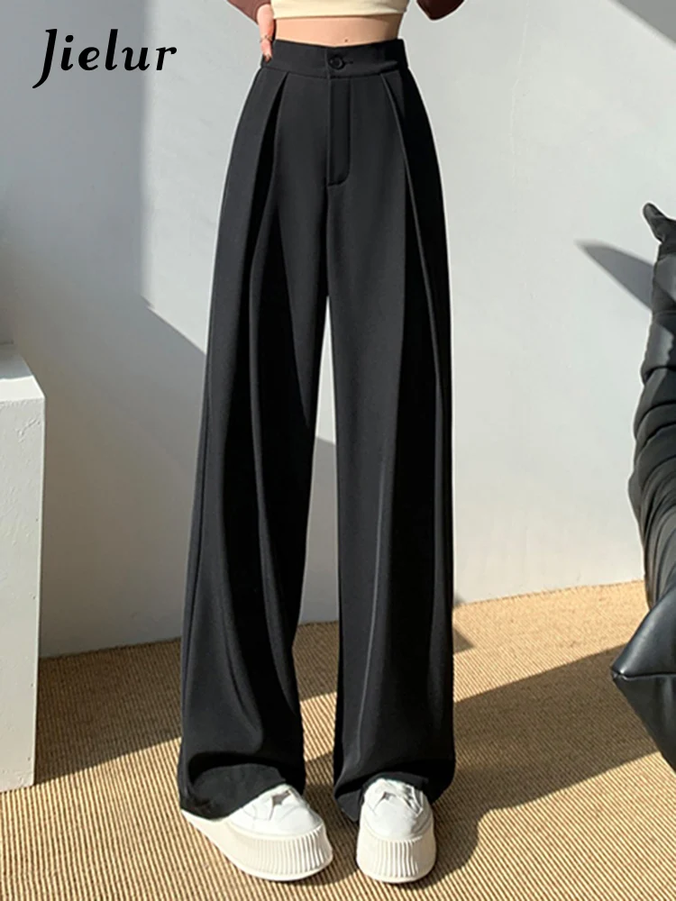 

Jielur Autumn Black Straight Loose Female Wide Leg Pants High Waist Full Length Basic Simple Casual Slim Solid Color Women Pants