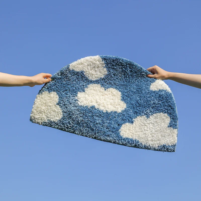VIKAMA Cloud & Plant Floral Pattern Soft Absorbent Non‑Slip Semi‑Circle Bathroom Rug Shower Tub Entryway Home Decor