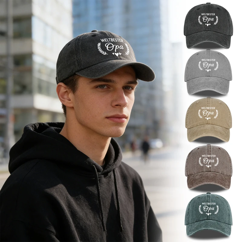“WORLD'S BEST Grandpa” Baseballkappe mit Lorbeerblatt-Herz-Print, gewaschen, warm, Retro-Mode-Trend, perfektes Großvater-Geschenk für den täglichen Gebrauch
