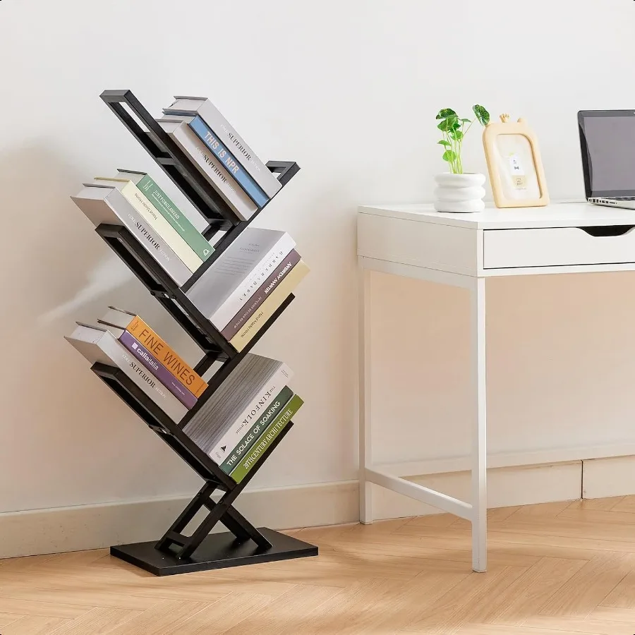 5 Tier Tree Bookshelf Floor Standing Bookshelf for Narrow Space Storage Organizer Bookshees for Books CDs Magazine Bookcase wit