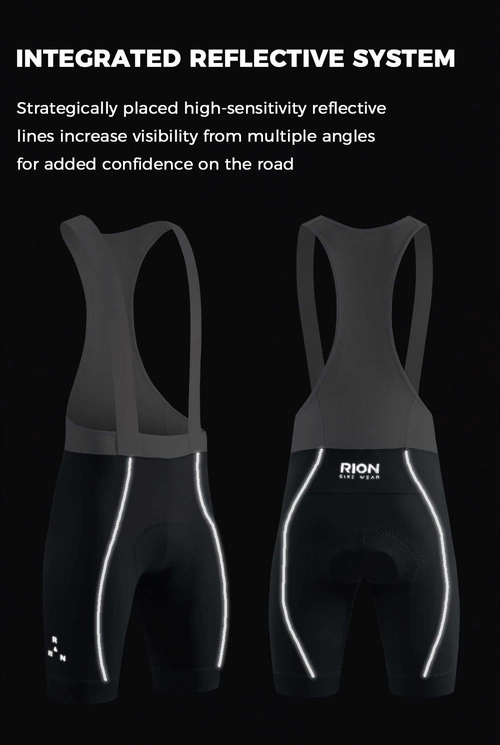RION Herren Radsport-Trägerhose Mountainbike MTB Tights UPF50+ Pro Fahrradbekleidung Nachtfahrt Straßenrad Trägerhosen Dolomiti Polster 5H – Detail 6