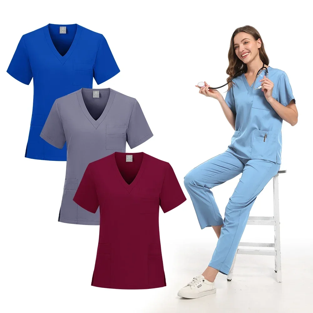 Mulheres e homens Elasticidade Uniformes de Enfermeira, Tops Sólidos e Calças, Calças Esfoliantes, Conjuntos Médicos, Veterinário Dental, Hospital, Pet Clinic, Novo