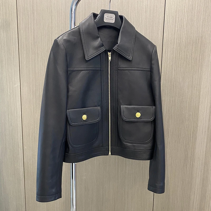 2025 Nuova giacca in vera pelle di agnello nero per donna Giacche femminili casual in vera pelle di pecora stile motociclistico con tasca autunnale