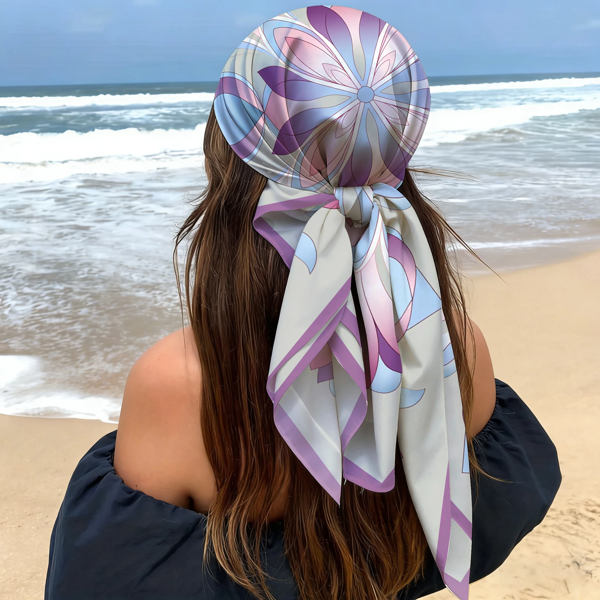 

Women Satin Pastel Lotus Floral Square Scarf Head Wrap Beach Bandana Neck Scarf for Ladies Daily Wear/Gifting/All Seasons
