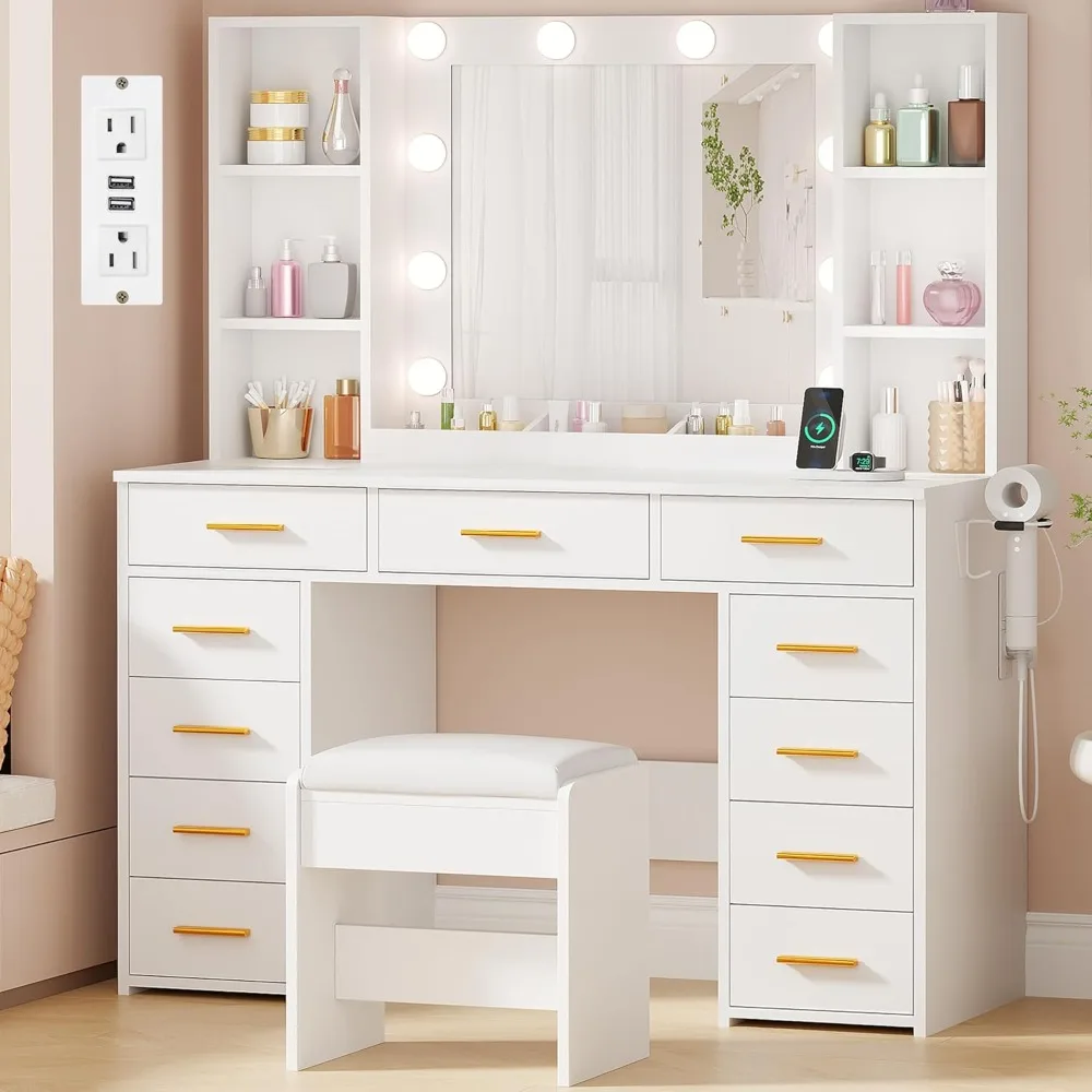 Makeup Vanity Desk with Mirror and Lights White Vanity Desk with Power Outlet