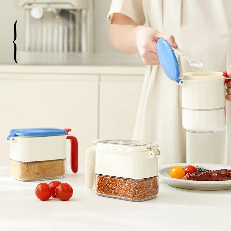 

One Touch Open Spice Jar with Spoon Sealed Moisture Proof Kitchen Salt Container Seasoning Storage Box
